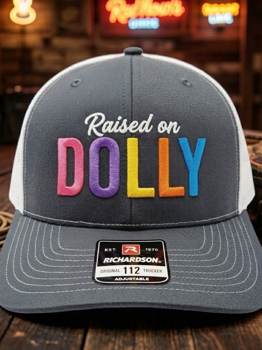 Raised On Dolly Embroidered Grey White Richardson 112 Trucker Hat Cap Retro 70s